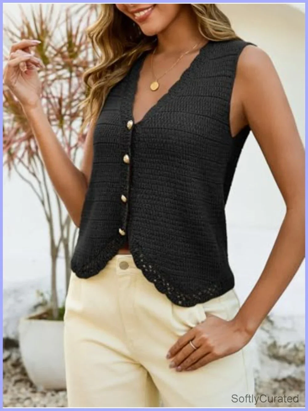 Sleeveless V Neck Cropped Button Down Sweater Vest Top